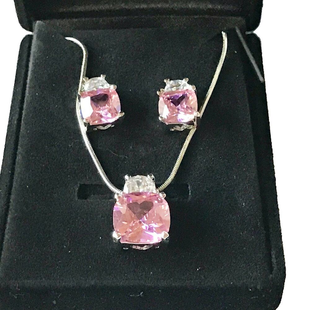 Vtg Pink Cubic Zirconia Necklace Earrings Set Silver Rhodium Plated Mothers Gift
